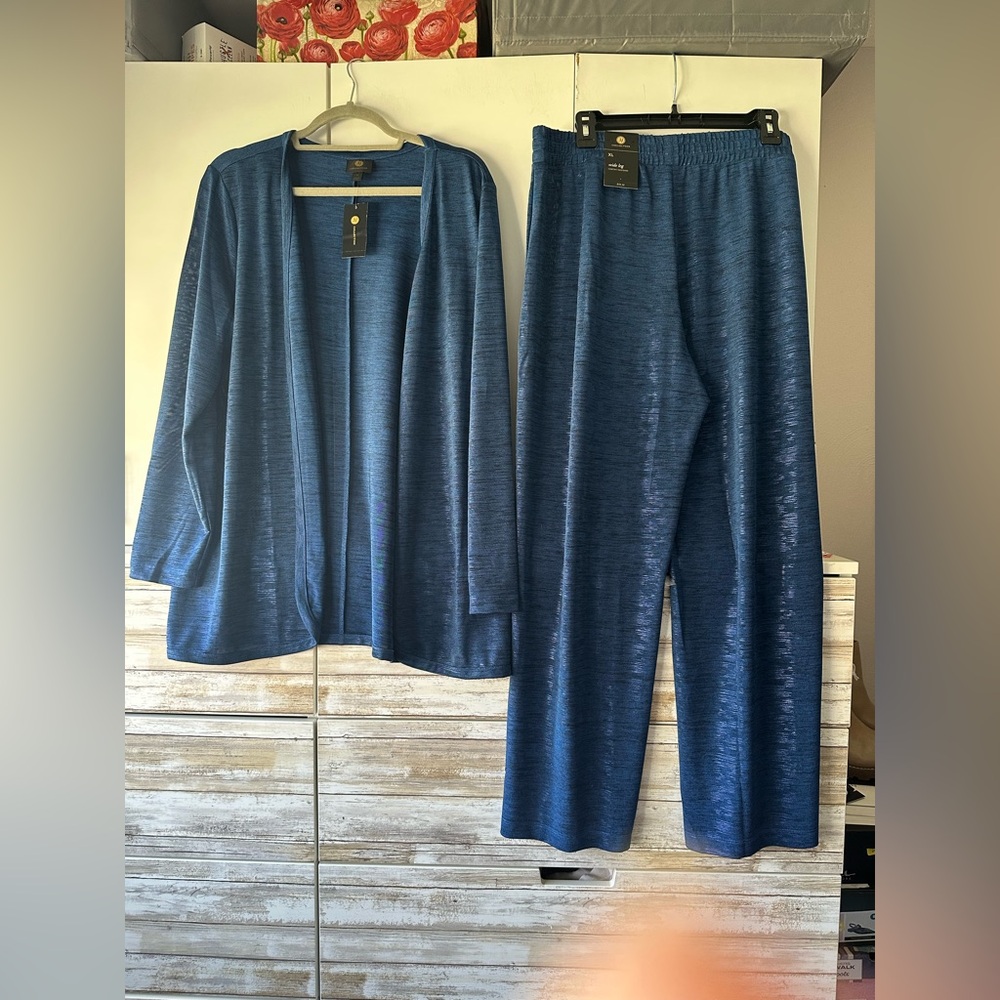💙 NWT JM Collection 2PC Lounge Set XL Navy Foil Cardigan + Wide Leg Pants